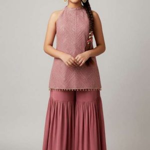 girls mauve embroidered net kurta set