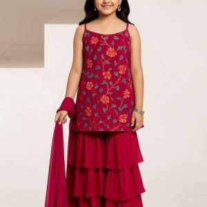 girls pink floral print crepe kurta set