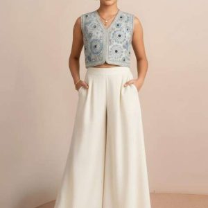 girls white embroidered georgette kurta set