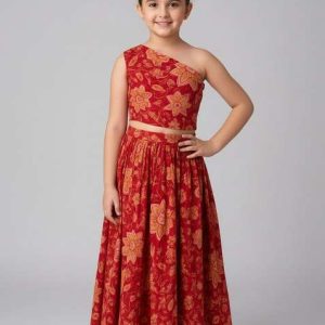 girls red cotton floral printed dress