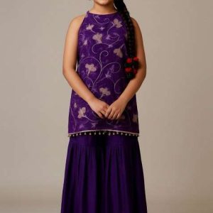 girls purple embroidered organza kurta set