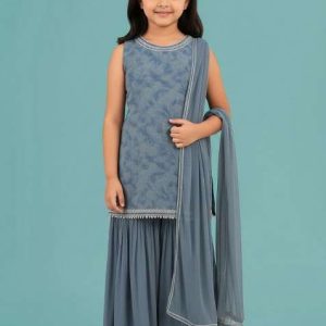 girls blue floral print georgette sharara set
