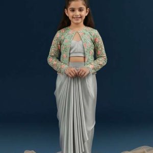 girls mint green embroidered jacket fusion set