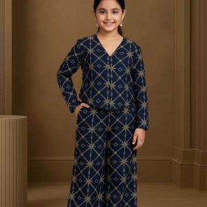 girls black embroidered silk fusion set