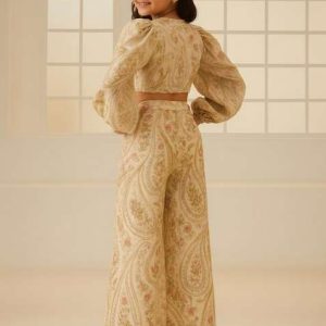 girls beige embroidered cotton fusion set