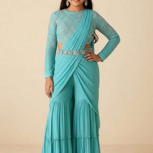 girls sky blue embellished georgette fusion set