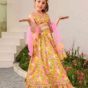 mustard printed lehenga with blouse with dupatta (set of 3)