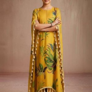 girls brown leaf print satin kaftan set