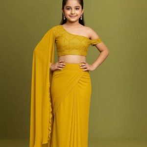 girls yellow embellished net fusion set