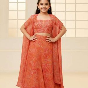 girls peach floral print crepe fusion set