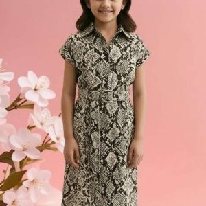 girls beige abstract print poplin dress