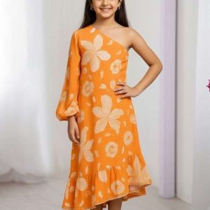 girls orange floral print georgette dress
