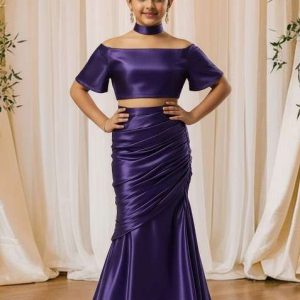 girls purple solid satin georgette fusion set