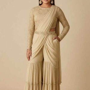 girls cream embellished georgette fusion set