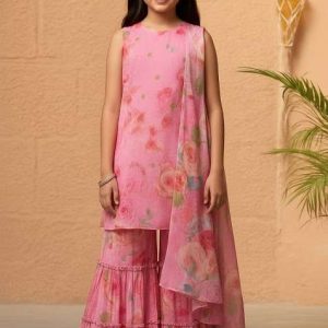 girls pink floral print kurta set