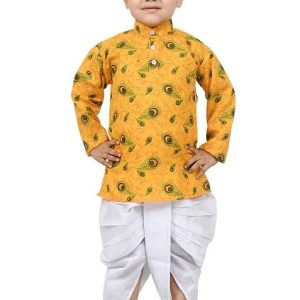 yellow printed cotton blend kurta set for boys