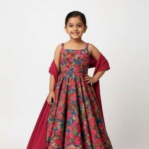 girls multicolor floral print organza anarkali set