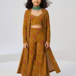 girls orange floral print tissue fusion set