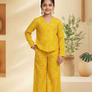 girls yellow embroidered silk fusion set