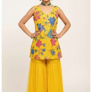 girls yellow embroidered crepe kurta set