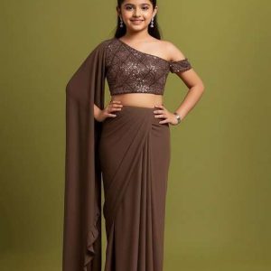 girls brown embellished net fusion set