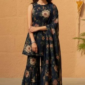 girls deep blue floral print kurta set