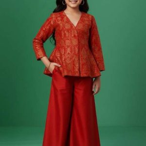 girls red brocade sharara set