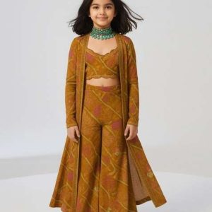 girls mustard abstract print chiffon fusion set
