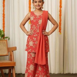 girls peach floral print satin fusion set