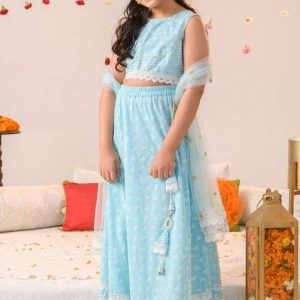 blue printed lehenga with blouse with dupatta (set of 3)