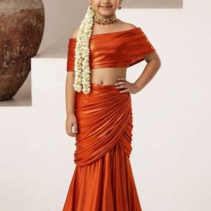 girls red solid satin georgette fusion set