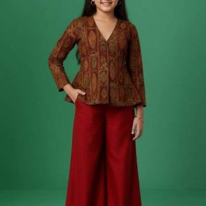 girls maroon brocade sharara set