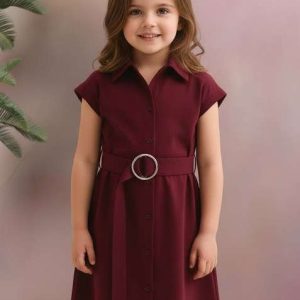 girls coffee brown solid linen dress