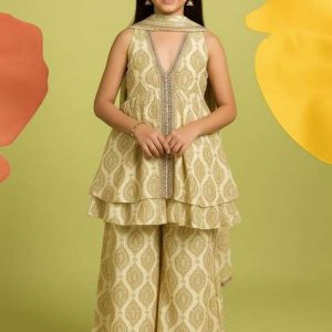 girls white abstract print chiffon kurta set