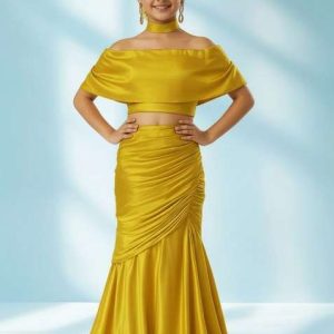 girls yellow solid satin georgette fusion set