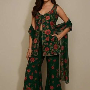 girls green embroidered georgette kurta set