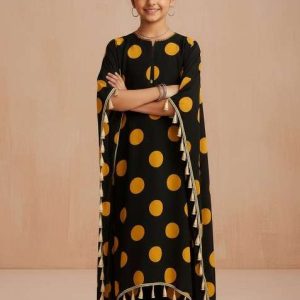 girls black floral print satin kaftan set