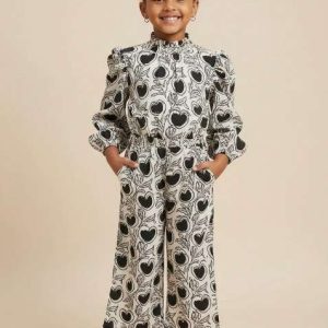 girls black and white floral print poplin jumpsuit