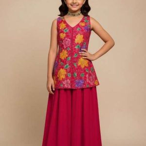 girls pink embroidered crepe kurta set