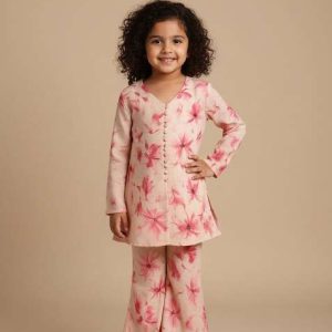 girls peach floral print georgette fusion set
