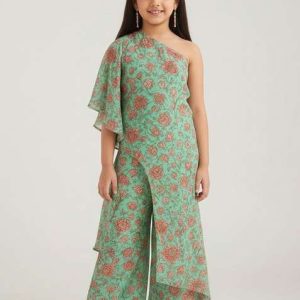 girls mint green floral print jumpsuit