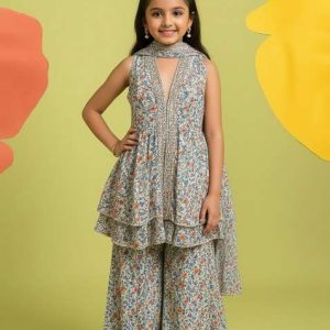 girls multicolor floral print georgette kurta set