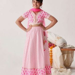 pink printed lehenga with blouse with dupatta (set of 3)