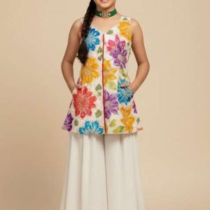 girls white embroidered crepe kurta set