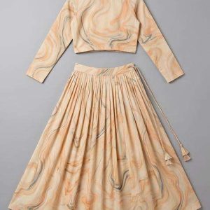 girls cream abstract print lehenga set
