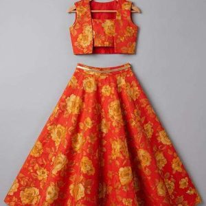 girls orange floral print satin lehenga set
