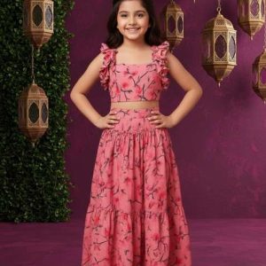 girls pink floral print silk fusion set
