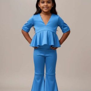 girls blue solid cotton fusion set