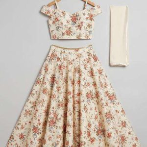 girls light beige floral print crepe lehenga set