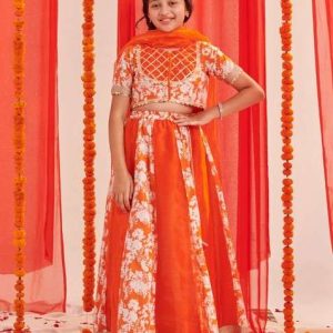 orange printed lehenga with blouse with dupatta (set of 3)
